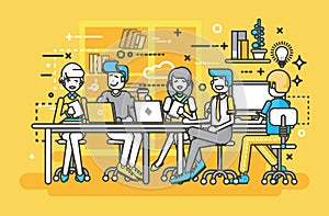 Vector illustration business people men women employees colleagues negotiating conference planning table teamwork