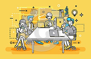 Vector illustration business people men women employees colleagues negotiating conference planning table teamwork