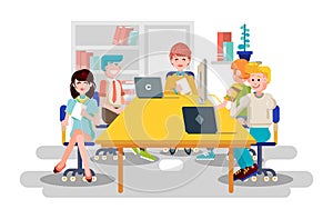 Vector illustration business people men women employees colleagues sit negotiating conference planning table teamwork