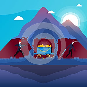 Vector illustration of business people in mine with gold bullions photo