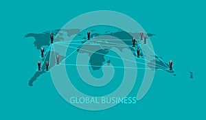 Vector illustration of business people standing on the world global map shape. infographic global business cooperation concept.