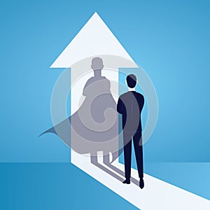 Vector illustration. Business power concept. Businessman standing in front of his own muscular shadow