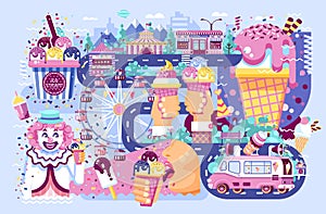 Vector illustration business selling different kinds ice cream sale of food with machine, meal on wheels clown amusement