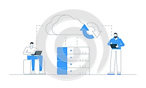 Vector illustration of business team interacting with cloud technology, server, and data. Concept of digital storage, network