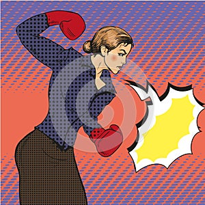Vector illustration of business woman boxing in pop art style.