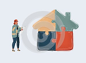 Vector illustration of business woman stading with blueprint in her hands near jigsaw house isolated white background.