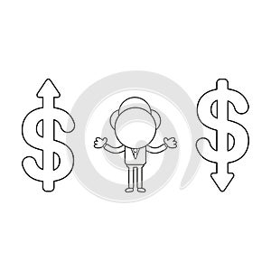 Vector illustration of businessman character between dollar symbols and arrows up, down. Black outline