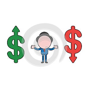 Vector illustration of businessman character between dollar symbols and arrows up, down. Color and black outlines