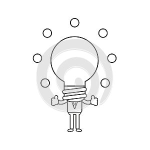Vector illustration of businessman character with glowing light bulb head and showing thumbs-up. Black outlines