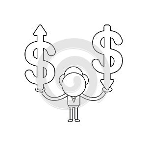 Vector illustration of businessman character holding dollar symbols with arrow moving up and down. Black outline.