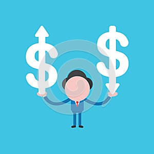 Vector illustration of businessman character holding dollar symbols with arrows moving up and down