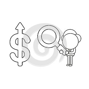 Vector illustration of businessman character holding magnifying glass to dollar arrow moving up. Black outline