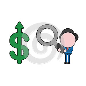Vector illustration of businessman character holding magnifying glass to dollar arrow moving up. Color and black outlines