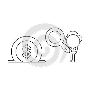 Vector illustration of businessman character holding magnifying glass to dollar coin into moneybox. Black outline