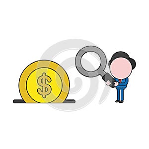 Vector illustration of businessman character holding magnifying glass to dollar coin into moneybox. Color and black outlines