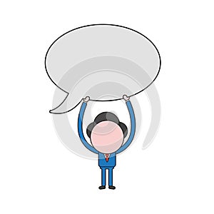 Vector illustration of businessman character holding up blank speech bubble. Color and black outlines