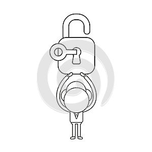Vector illustration of businessman character holding up opened padlock with key. Black outline