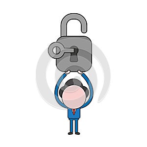 Vector illustration of businessman character holding up opened padlock with key. Color and black outlines