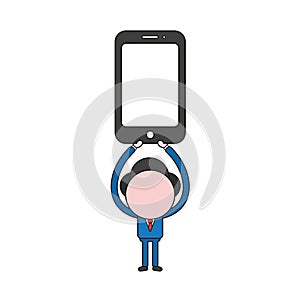 Vector illustration of businessman character holding up smartphone. Color and black outlines