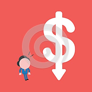 Vector illustration of businessman character looking big dollar symbol with arrow moving down