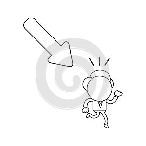 Vector illustration of businessman character running away from arrow moving down. Black outline