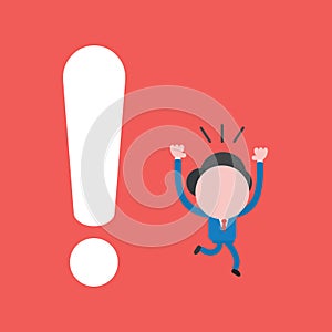 Vector illustration of businessman character running away from big exclamation mark