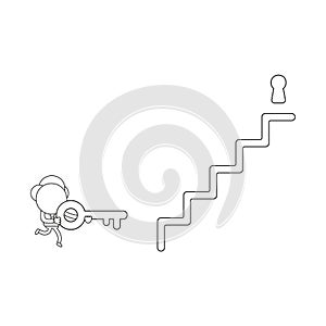 Vector illustration of businessman character running and carrying key to keyhole at top of stairs. Black outline.