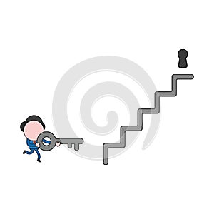 Vector illustration of businessman character running and carrying key to keyhole at top of stairs. Color and black outlines.