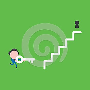 Vector illustration of businessman character running and carrying key to keyhole at top of stairs to unlock