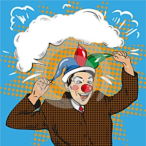 Vector illustration of businessman clown in jester hat, pop art