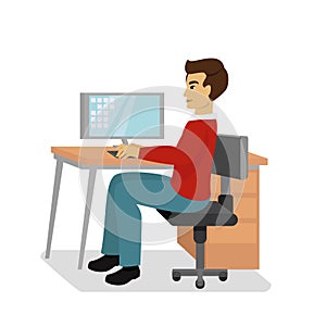 Vector illustration of businessman at the desk with a laptop and working isolated on white background in flat cartoon