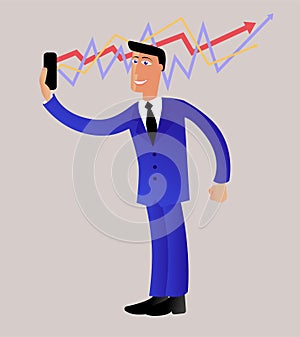 Vector illustration of a businessman with an elegant suit, tie and a smartphone in his hand from which he sees economic statistics