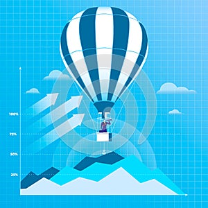 Vector illustration of businessman flying on hot air balloon