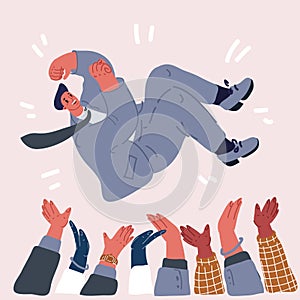 Vector illustration of Businessman get thrown into the air by coworkers during celebration with hands