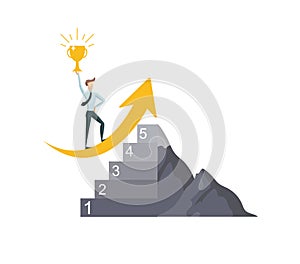 Vector illustration, businessman on growth arrow, steps strategy concept, achievement, winner.