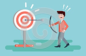 Vector illustration businessman hits target successful shot from bow advancement right solution excellent business