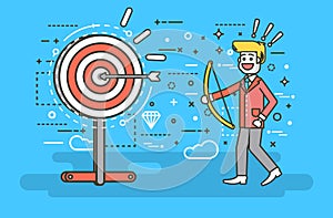 Vector illustration businessman hits target successful shot from bow advancement right solution excellent business