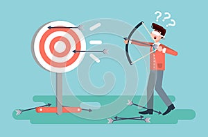 Vector illustration businessman hits target unsuccessful shot from bow regression wrong solution business failure