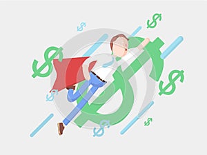 Vector illustration. Businessman Jimmy flying with dollar signs.