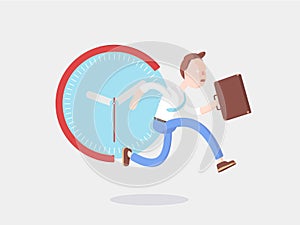 Vector illustration. Businessman Jimmy hurry rushes to time. photo