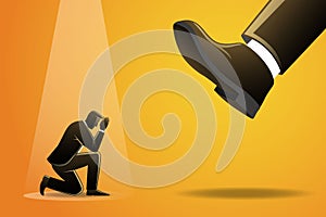 Vector illustration of businessman kneel down under big foot
