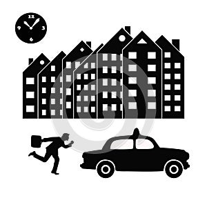 Vector illustration of a businessman or an office worker ina suit trying to catch a taxi in a hurry. Black and white silhouettes.