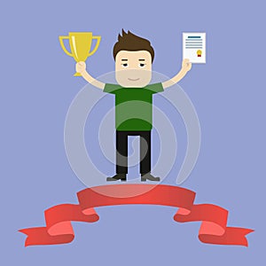 Vector illustration of businessman proudly standing and holding up winning trophy and diploma