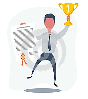 Vector illustration of businessman proudly standing and holding up winning trophy and showing an award certificate.