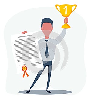 Vector illustration of businessman proudly standing and holding up winning trophy and showing an award certificate.