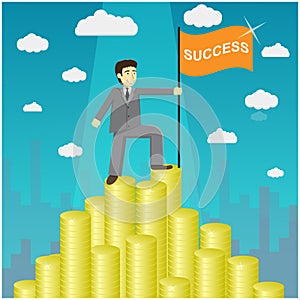 Vector illustration of businessman proudly standing on the huge money staircase. Money mountain peak. Path to success concept