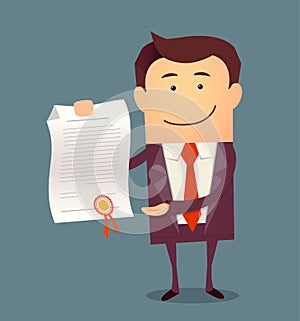 Vector illustration of businessman proudly standing and showing a diploma