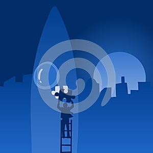 Vector illustration businessman putting jigsaw pazzle piece into the blank of rocket in the city background. Business startup