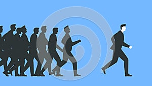 Vector illustration of a businessman running away from a crowd of people. Silhouettes of people running after a man in a