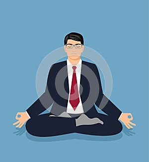 Vector illustration businessman in a suit sits in a lotus position and meditate